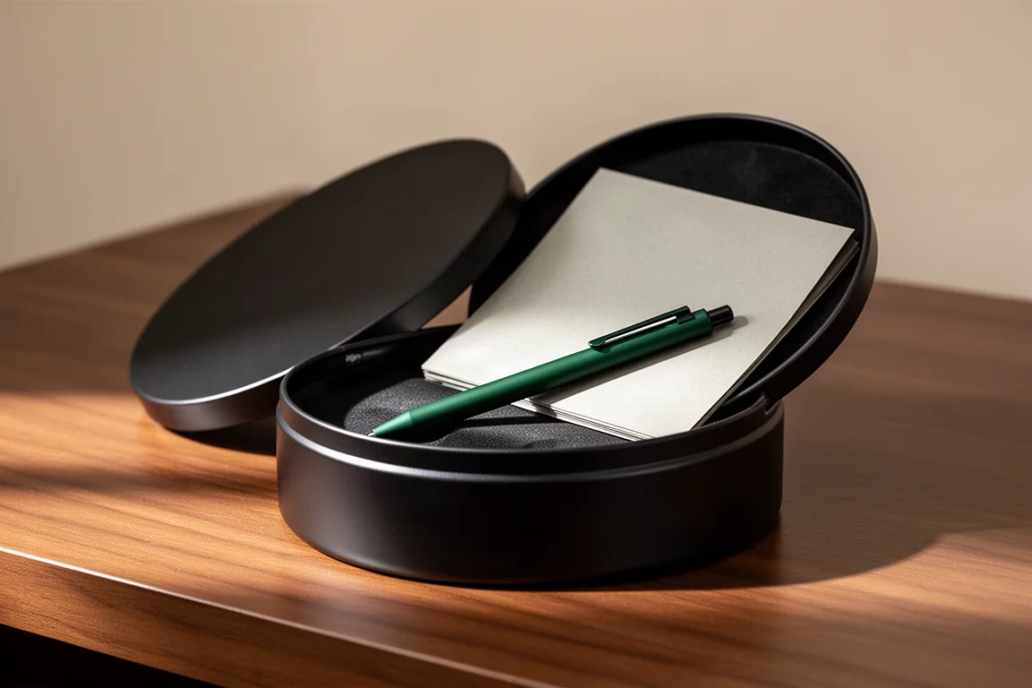Open black storage tin with a green mechanical pencil and paper insert on a desk