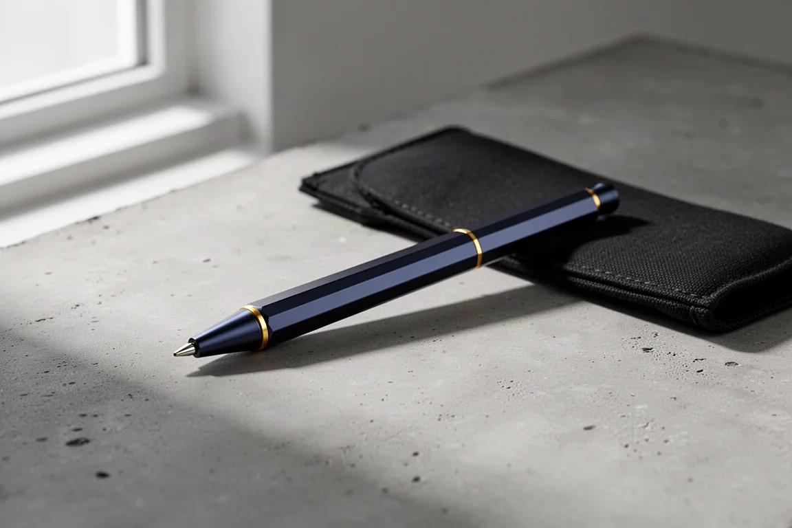 Slim octagonal aluminum mechanical pencil with black sleeve on concrete surface