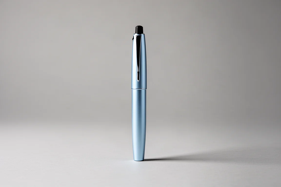 Caneta tinteiro de bolso azul-céu em pé sobre um fundo cinza minimalista