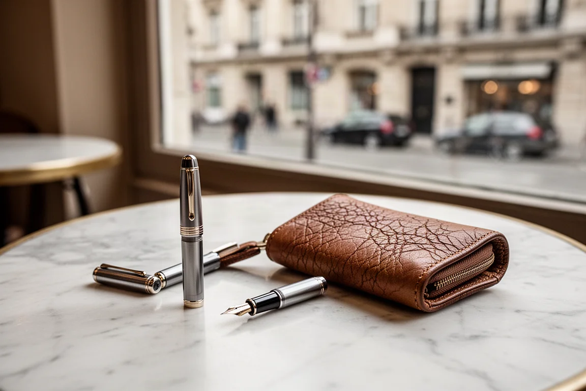Caneta tinteiro e estojo de couro de viagem sobre a mesa de um café durante uma viagem