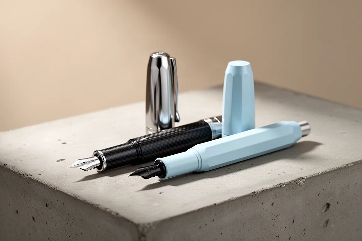 Kaweco AC Sport Red and AL Sport Blue Lagoon fountain pens side by side on concrete