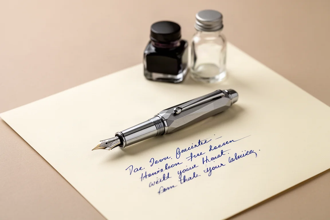 Compact pocket fountain pen posted on a sheet of writing paper beside an ink bottle
