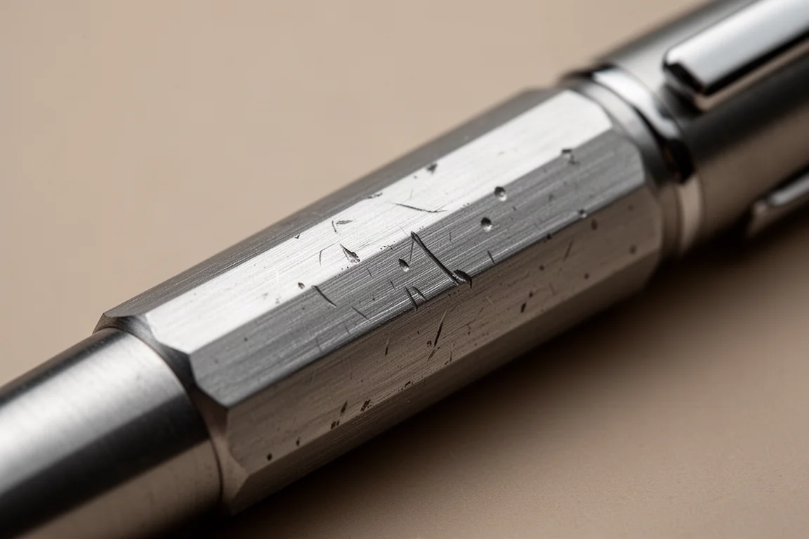 Brushed aluminium pocket pen showing small dents and scratches from daily carry