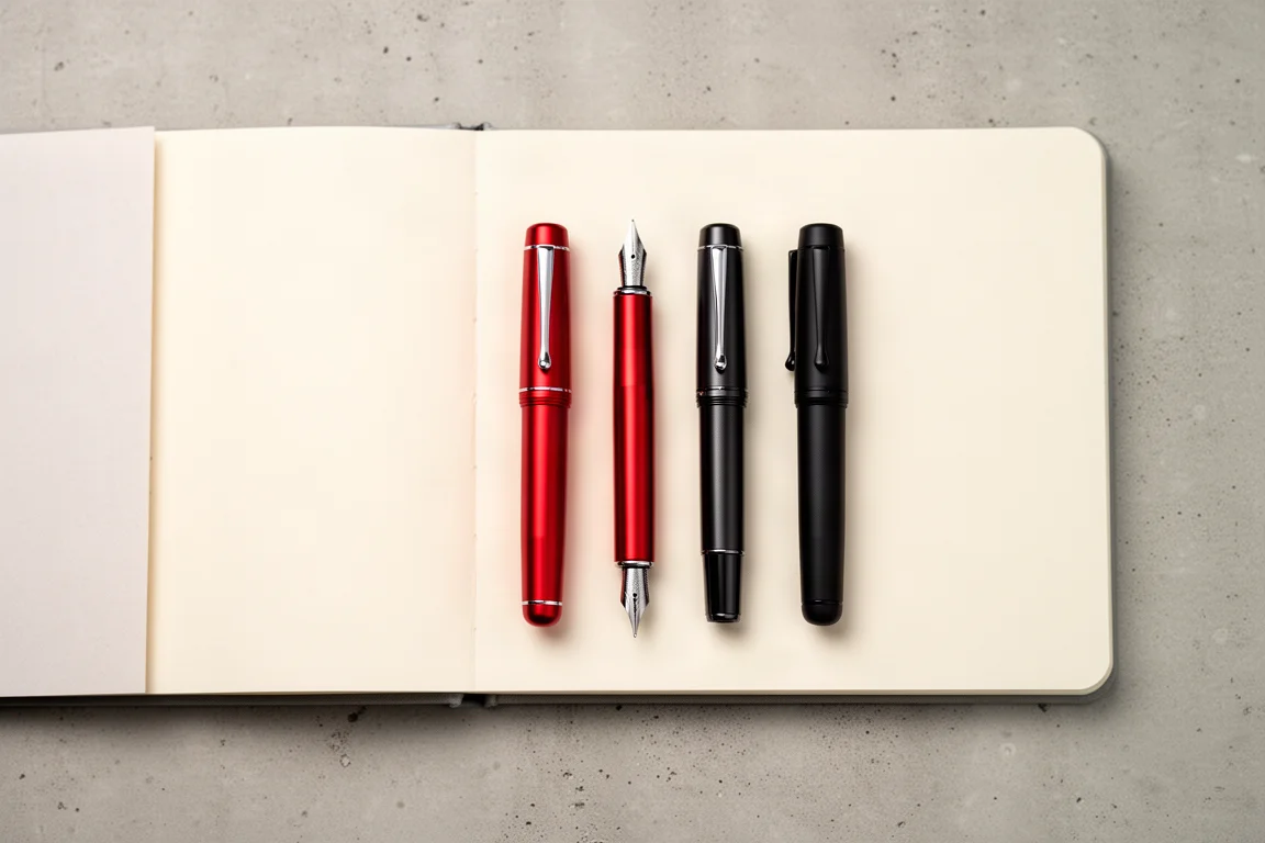 Three pocket fountain pens laid side by side on a writing desk with notebook