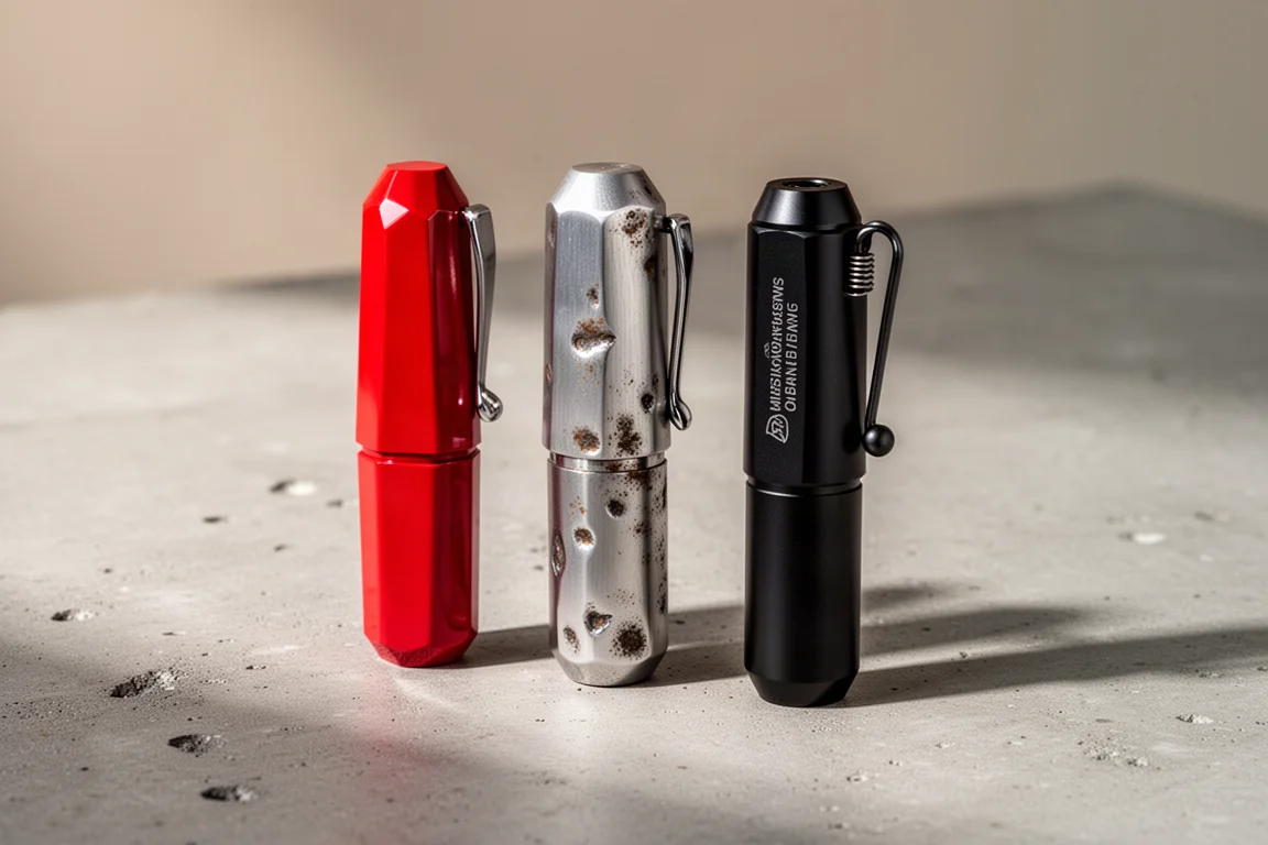 Kaweco Sport, AL Sport, and Hongdian M2 pocket fountain pens on concrete surface