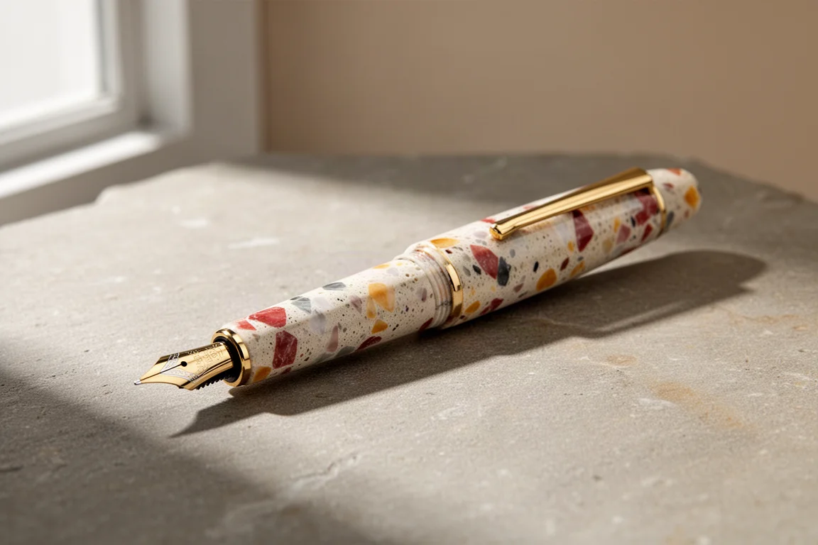Compact terrazzo-resin fountain pen with gold clip on a stone surface