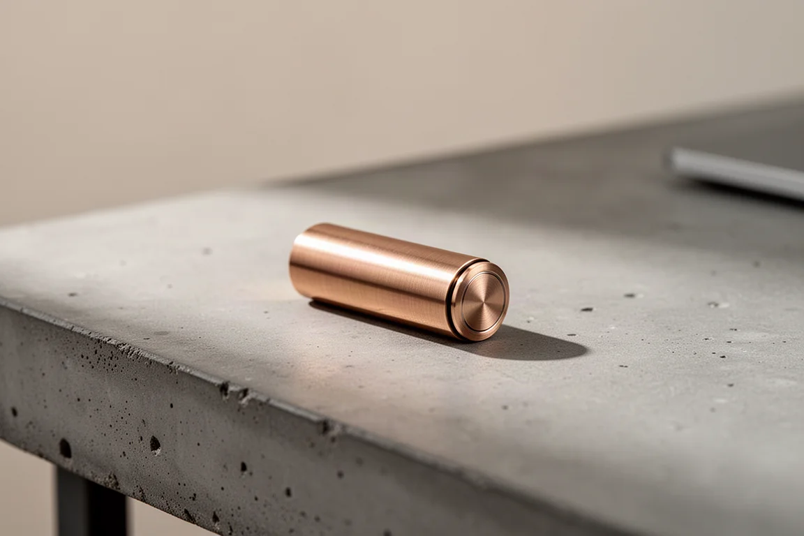 Bronzeener Stiftdeckel auf einem Schreibtisch, der weiches Licht einfängt