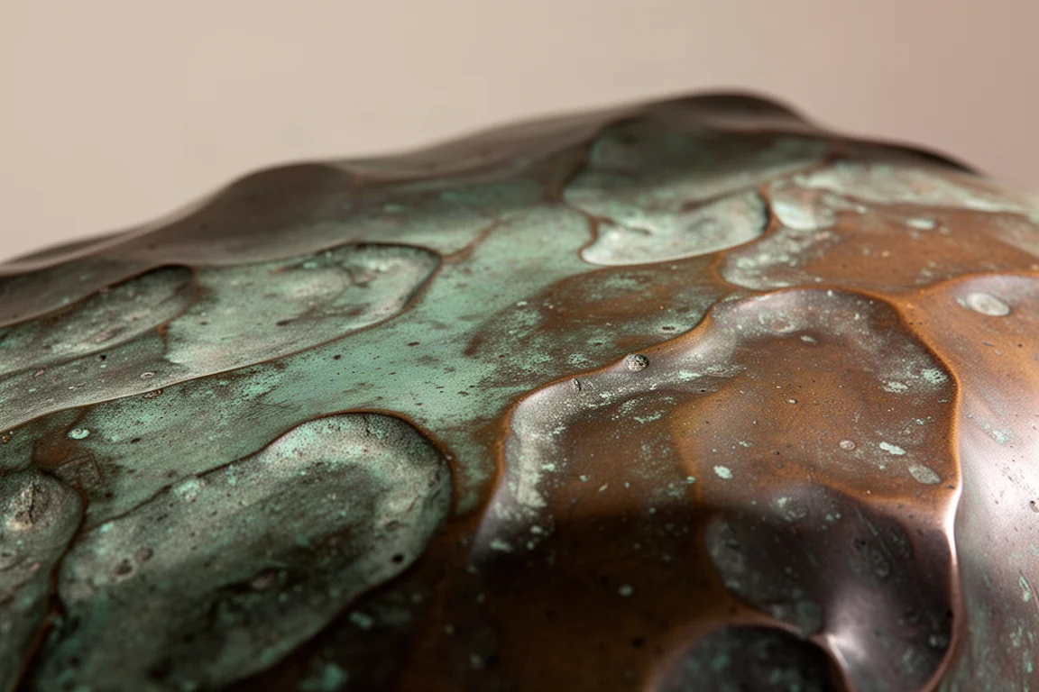 Bronzeene Stiftoberfläche mit natürlicher Patina in grünen und braunen Tönen
