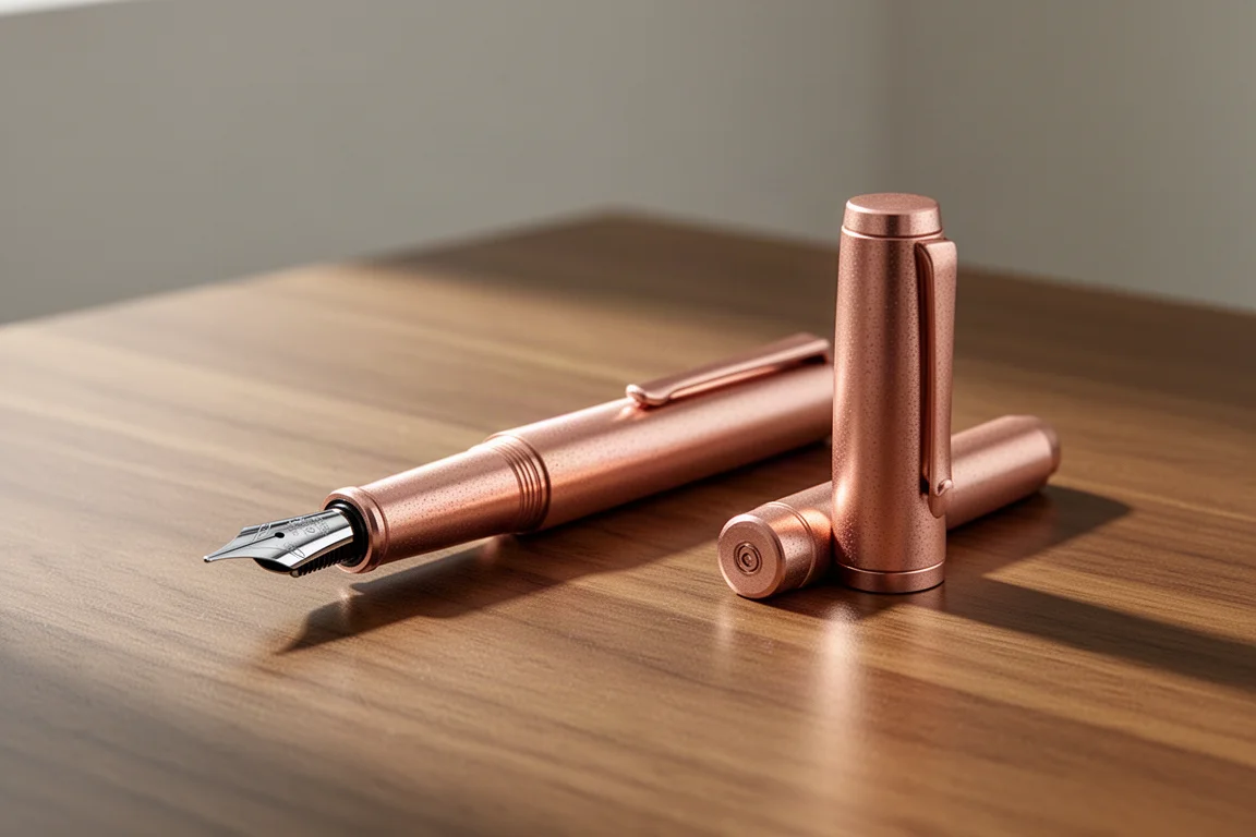 Kaweco Sport Bronze Füllfederhalter mit auf einem Holzschreibtisch liegendem Deckel