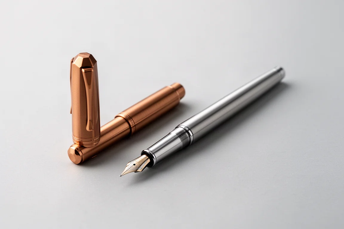 Caneta-tinteiro de bronze postada ao lado de uma caneta-tinteiro de aço maior para comparação de tamanho