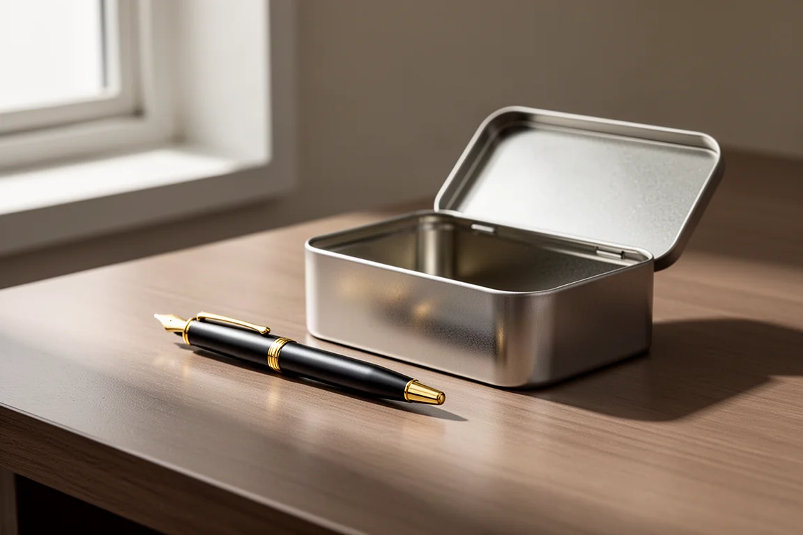 Penna stilografica Kaweco Sport Piston appoggiata accanto alla sua scatola metallica