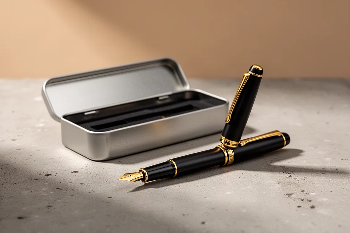 Kaweco Sport Piston fountain pen posted next to its metal storage tin on a concrete surface