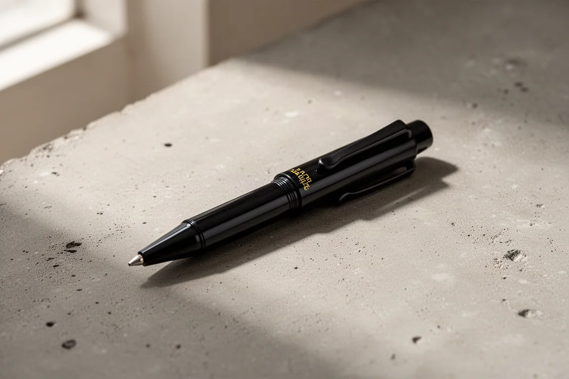 Black Kaweco Sport pocket fountain pen with clip on a concrete surface