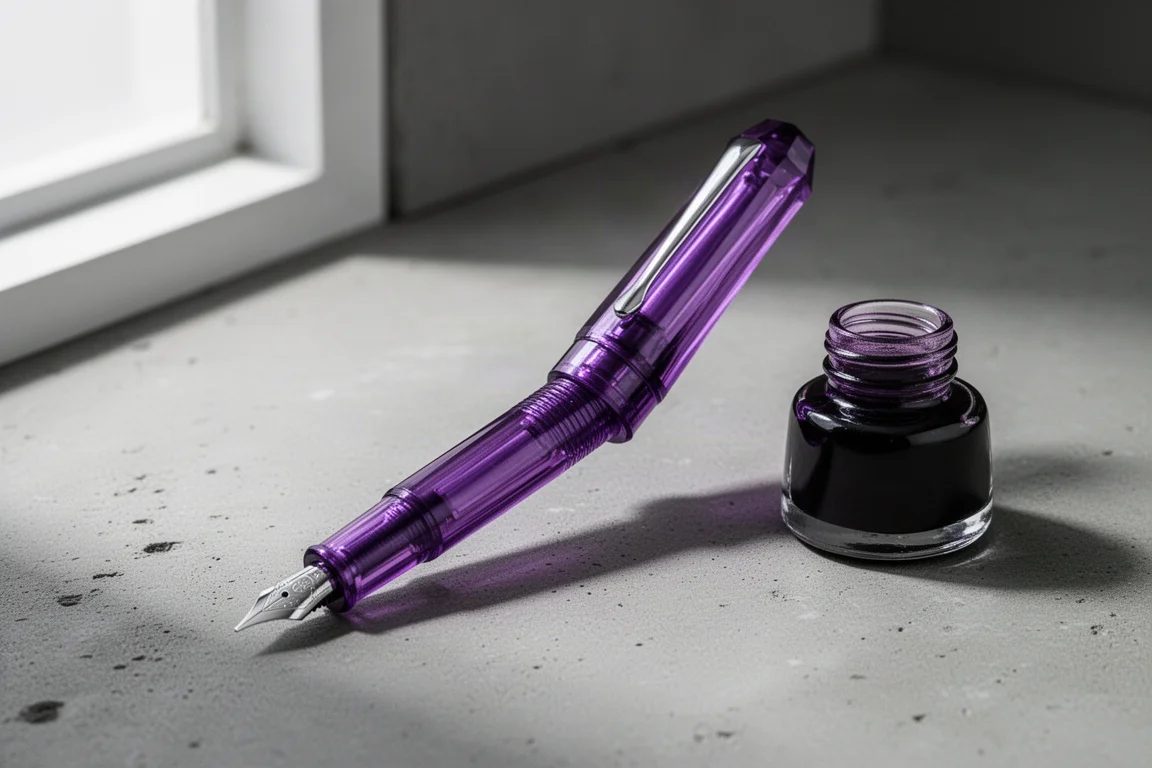 Translucent deep purple Kaweco Sport fountain pen posted next to a bottle of purple ink