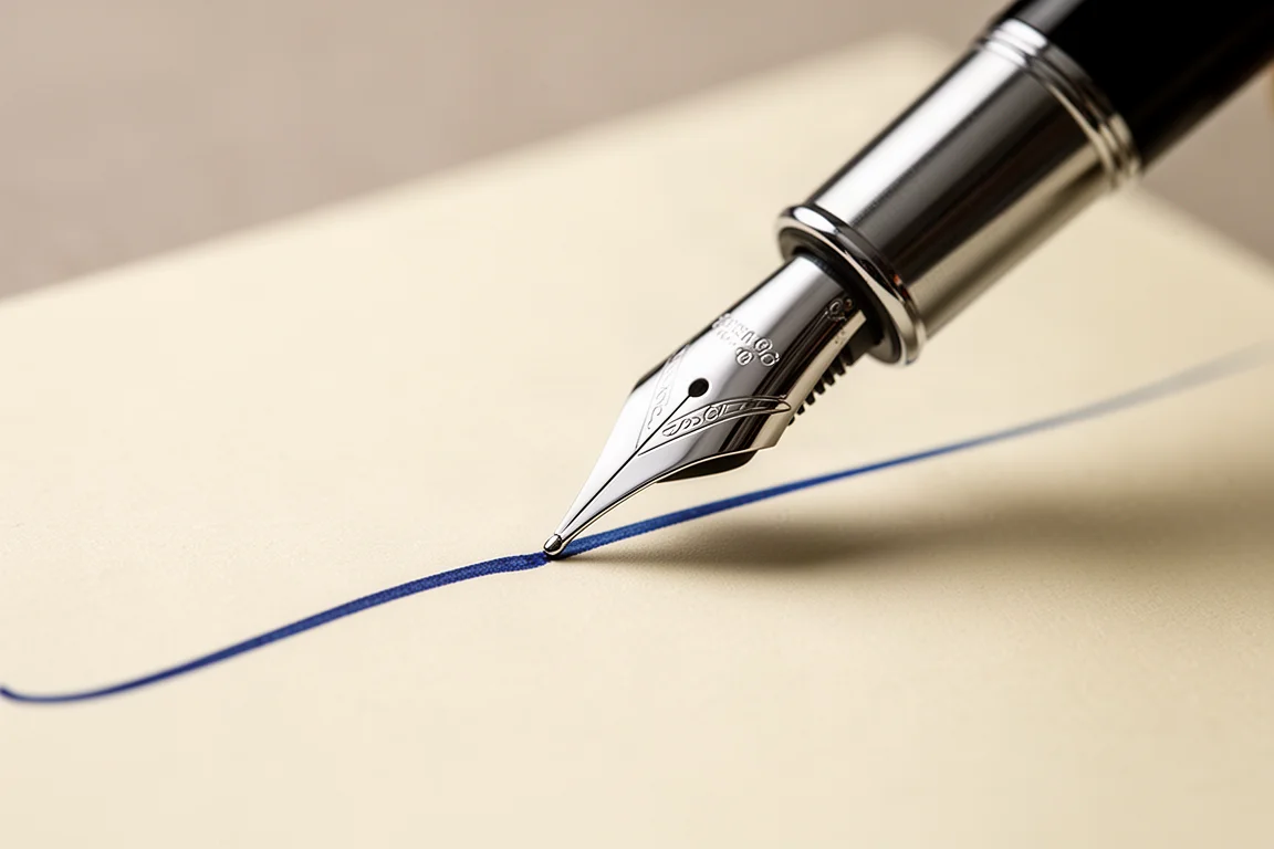 Steel fountain pen nib drawing a smooth line on cream writing paper