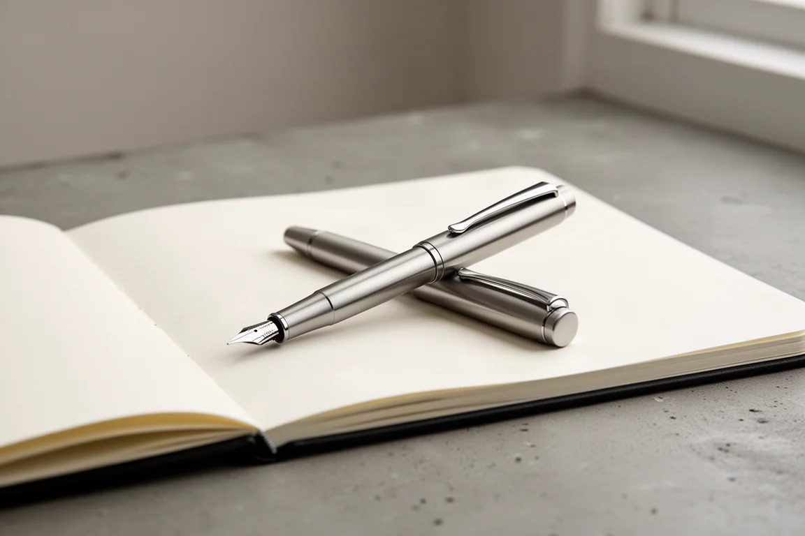 Brushed aluminum fountain pen resting beside a notebook on a desk