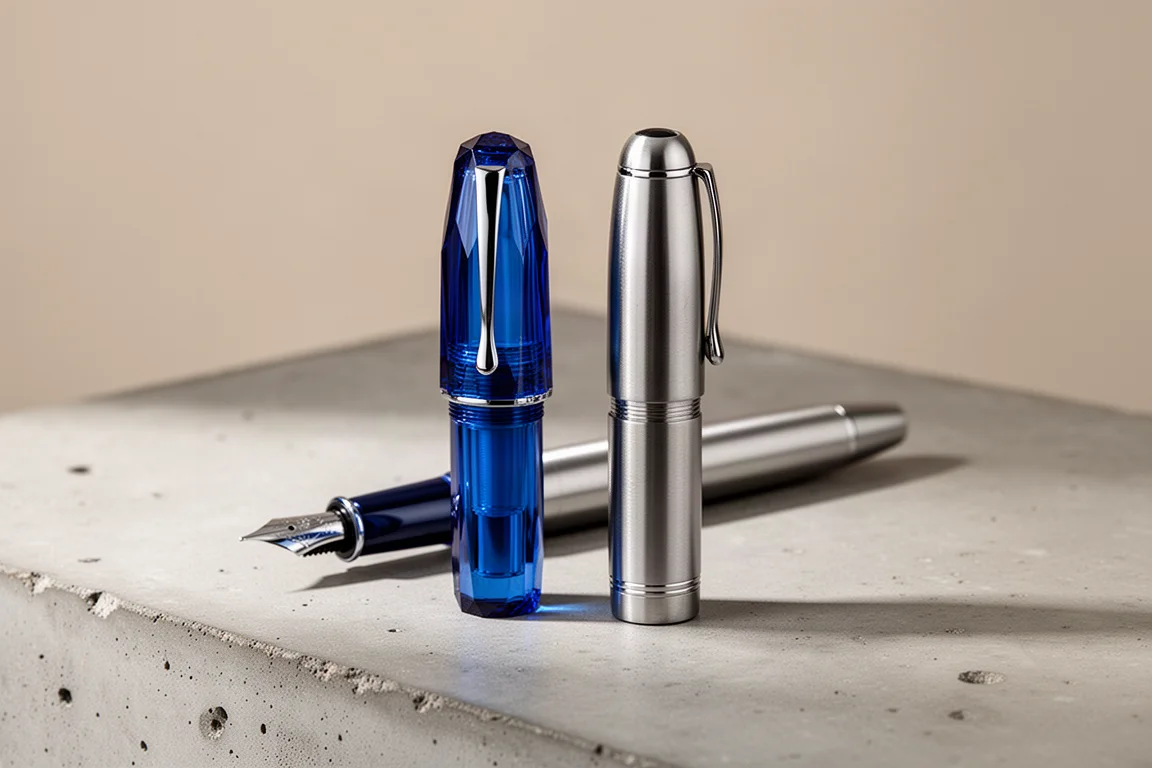 Kaweco Sport aus Kunststoff in Blau neben einem AL Sport Füllfederhalter aus Aluminium