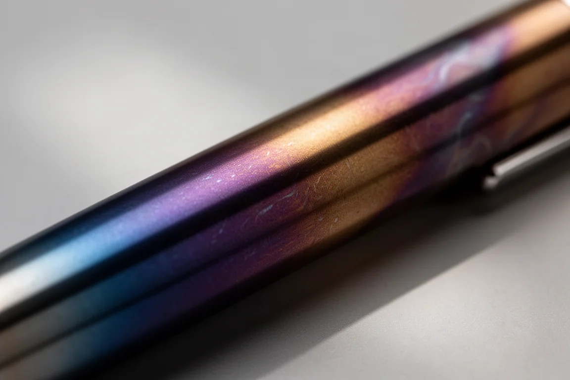 Corps en acier inoxydable traité à la flamme présentant des tons bleus, violets et bronze