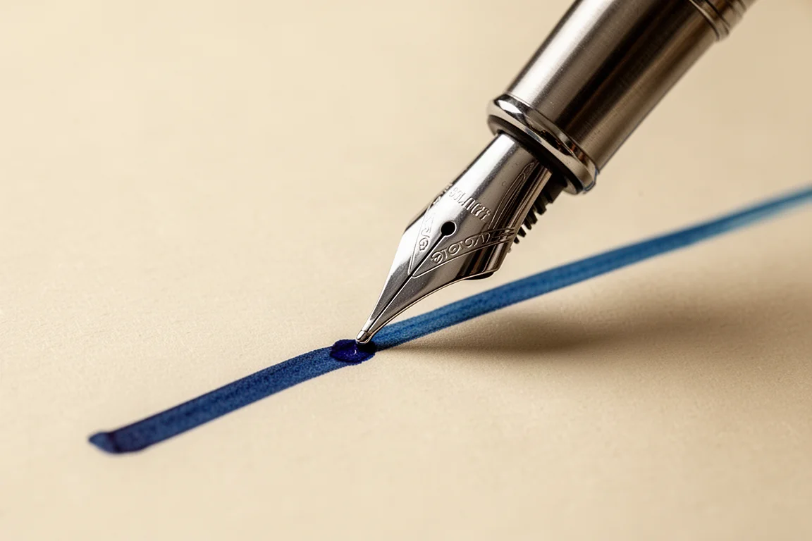 Plume d'un stylo-plume écrivant sur du papier avec une encre bleu vif