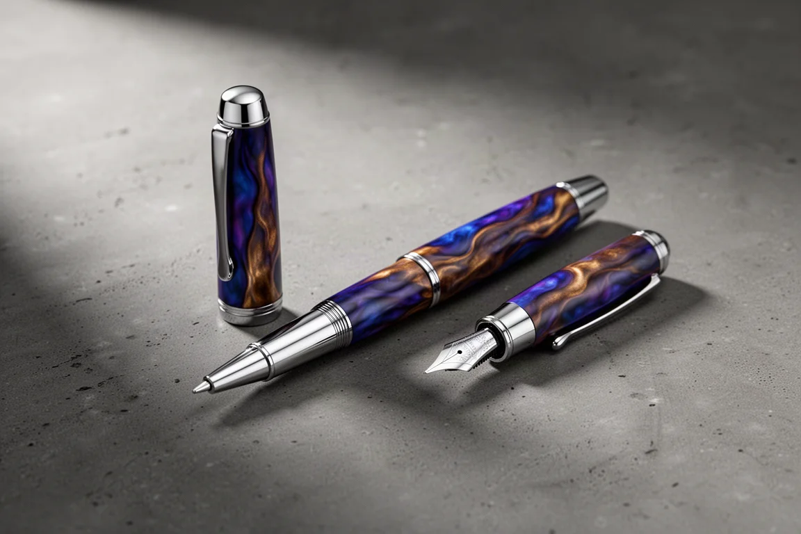 Stainless steel fountain pen with flame-treated blue and purple finish on concrete