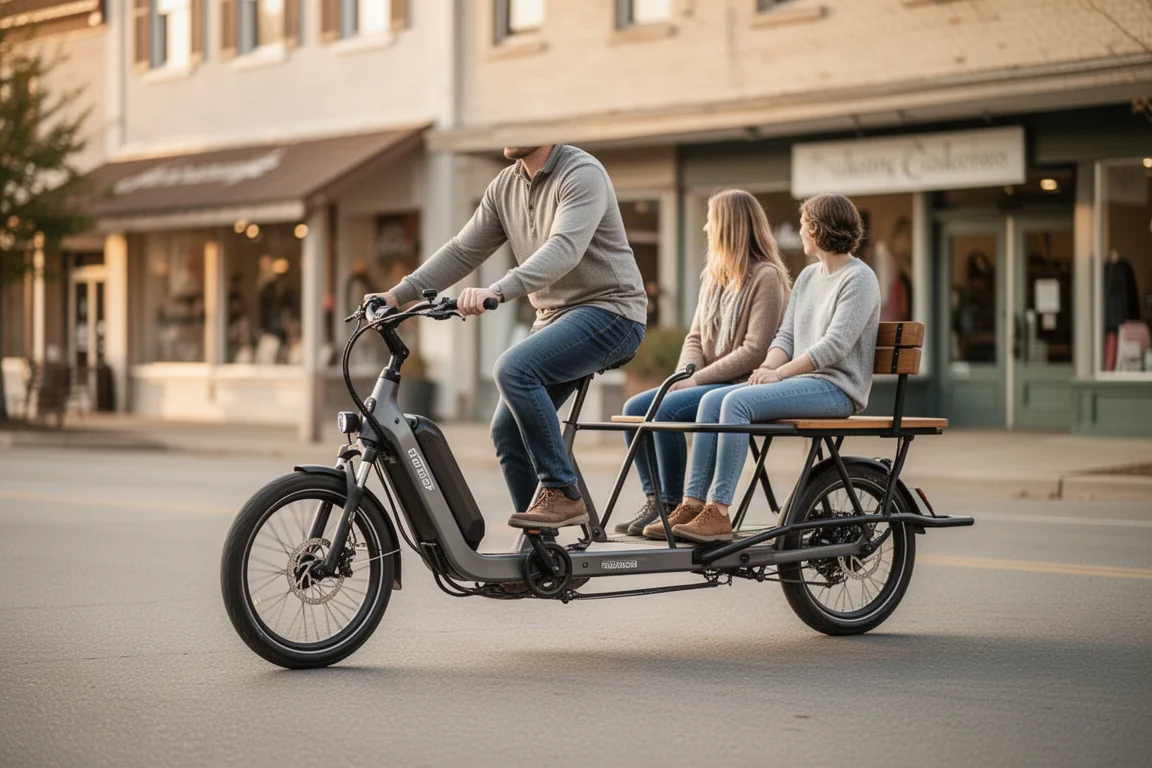 Due ciclisti trasportano attrezzatura sul retro di una cargo bike per le strade di una piccola città