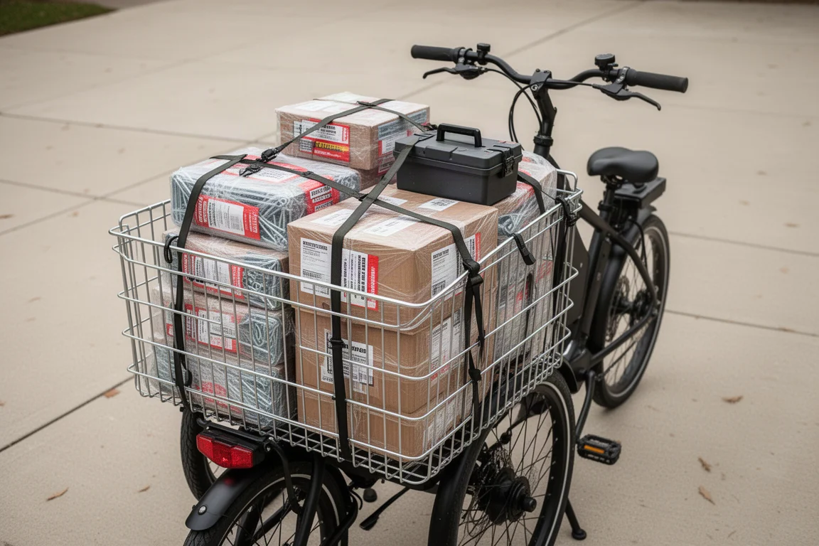 Cesto posteriore di una cargo bike carico di materiali da ferramenta