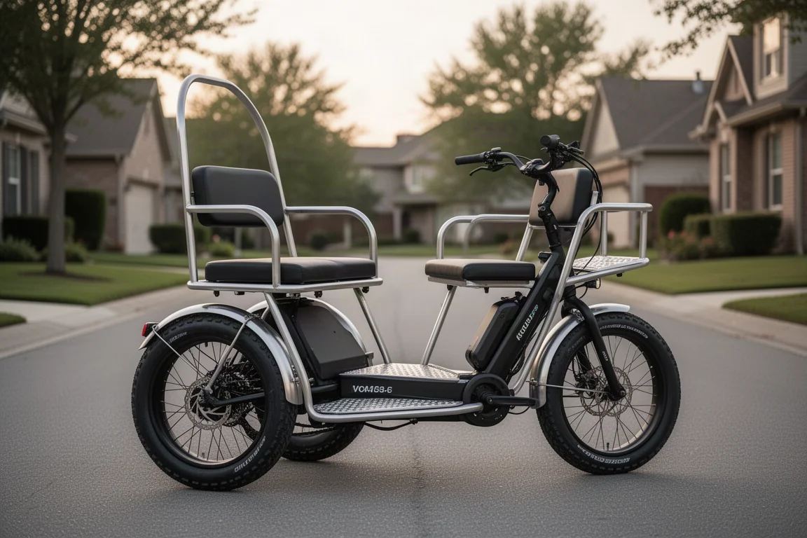 Cargo bike con sedile posteriore per giovani passeggeri parcheggiata in una via residenziale