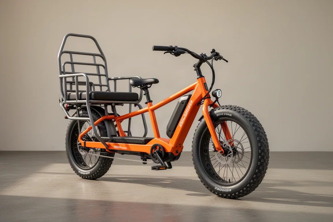 KBO Ranger electric cargo bike in bright orange with rear bench seat on concrete