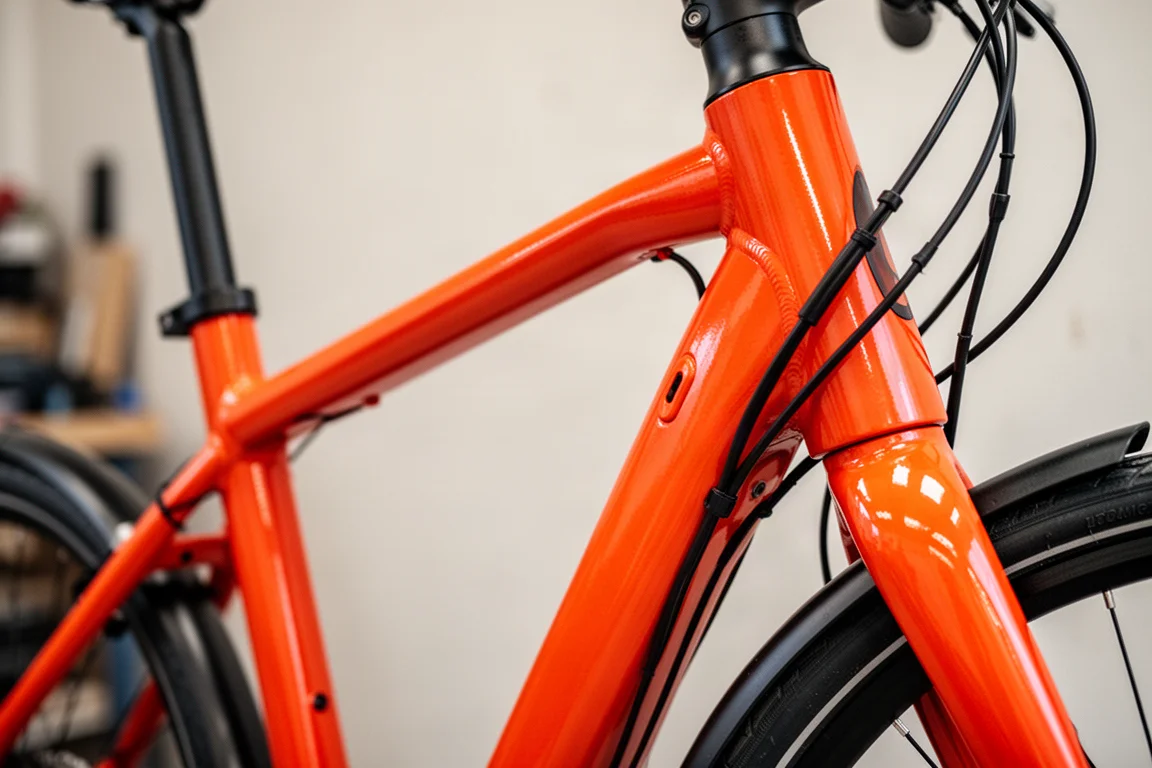 Nahaufnahme eines farbenfrohen Step-Through-E-Bike-Rahmens mit sauberen Schweißnähten und Lackschicht