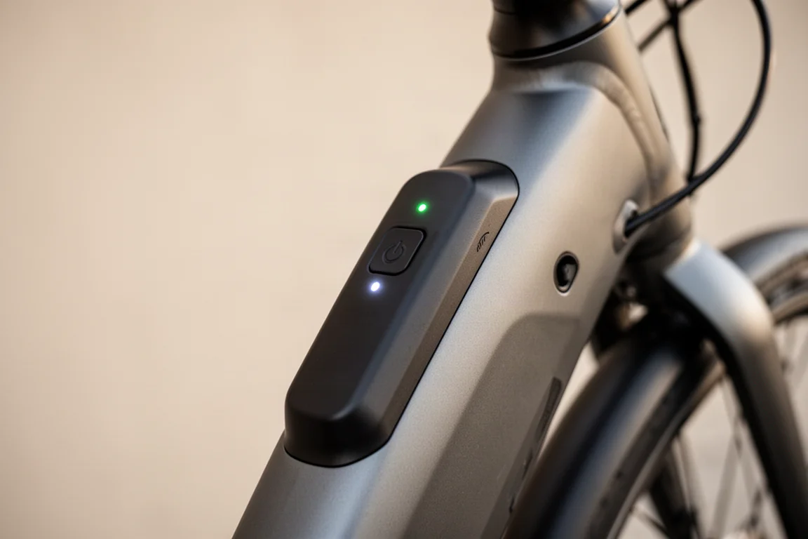 Fahrer prüft die Taste des Akku-Ladezustandsanzeige am E-Bike-Rahmen