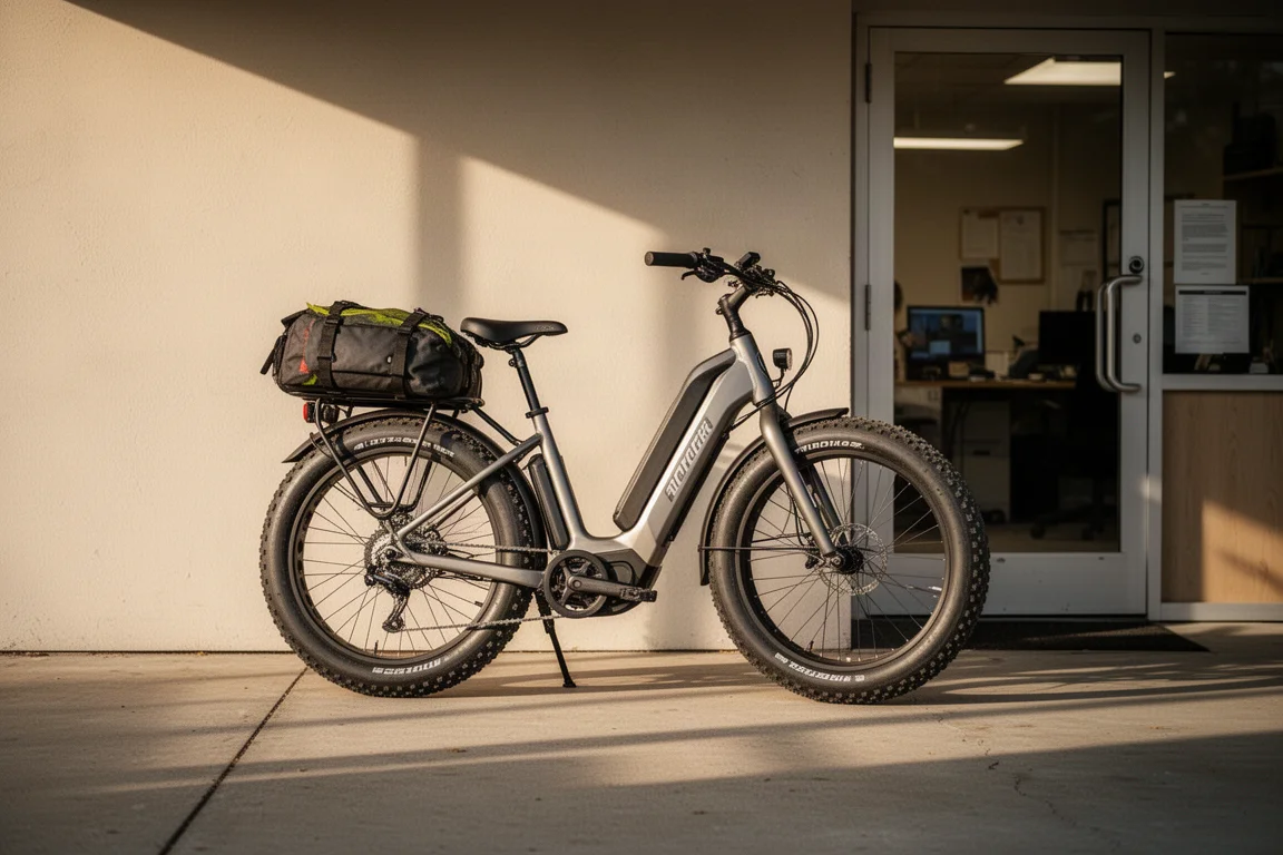 Commuter-E-Bike mit Gepäckträger, im Morgenlicht vor einem Arbeitsplatz geparkt