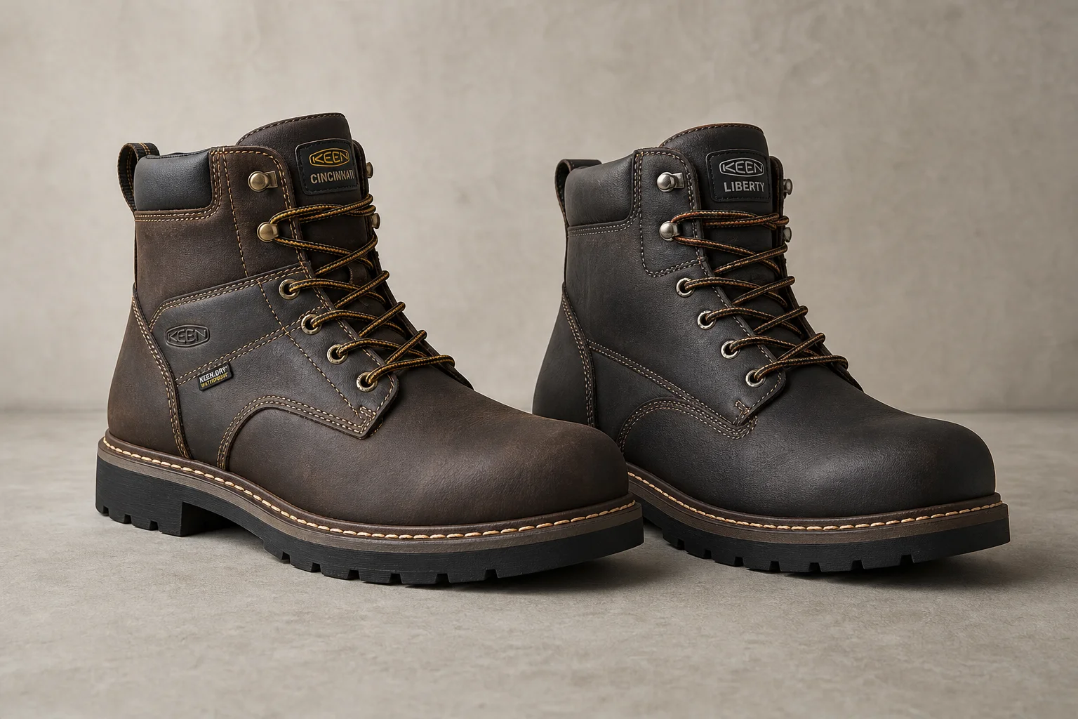 Keen Cincinnati 與 Liberty 工作靴並排放在水泥地上