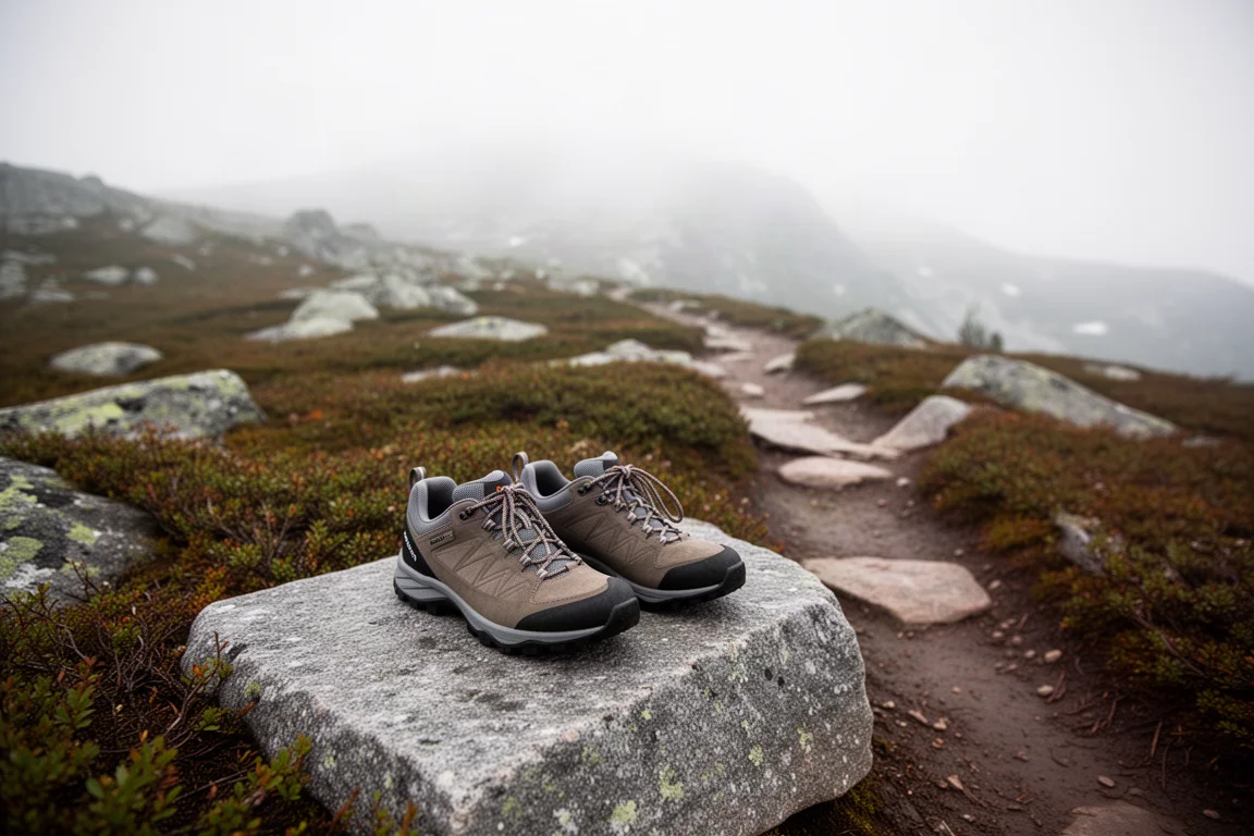 Randonneur marchant sur un sentier rocheux en chaussures basses de randonnée avec un petit sac à dos