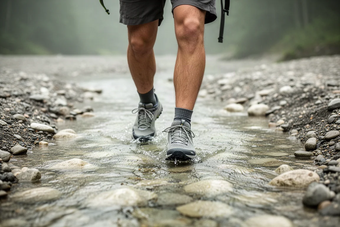Gros plan sur la semelle extérieure d'une chaussure de randonnée aux crampons profonds agrippant une roche humide