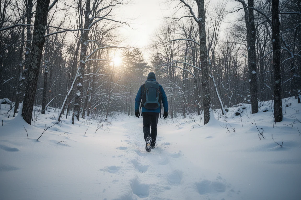 Escursionista che cammina su un sentiero innevato nel bosco con scarponi invernali a collo medio