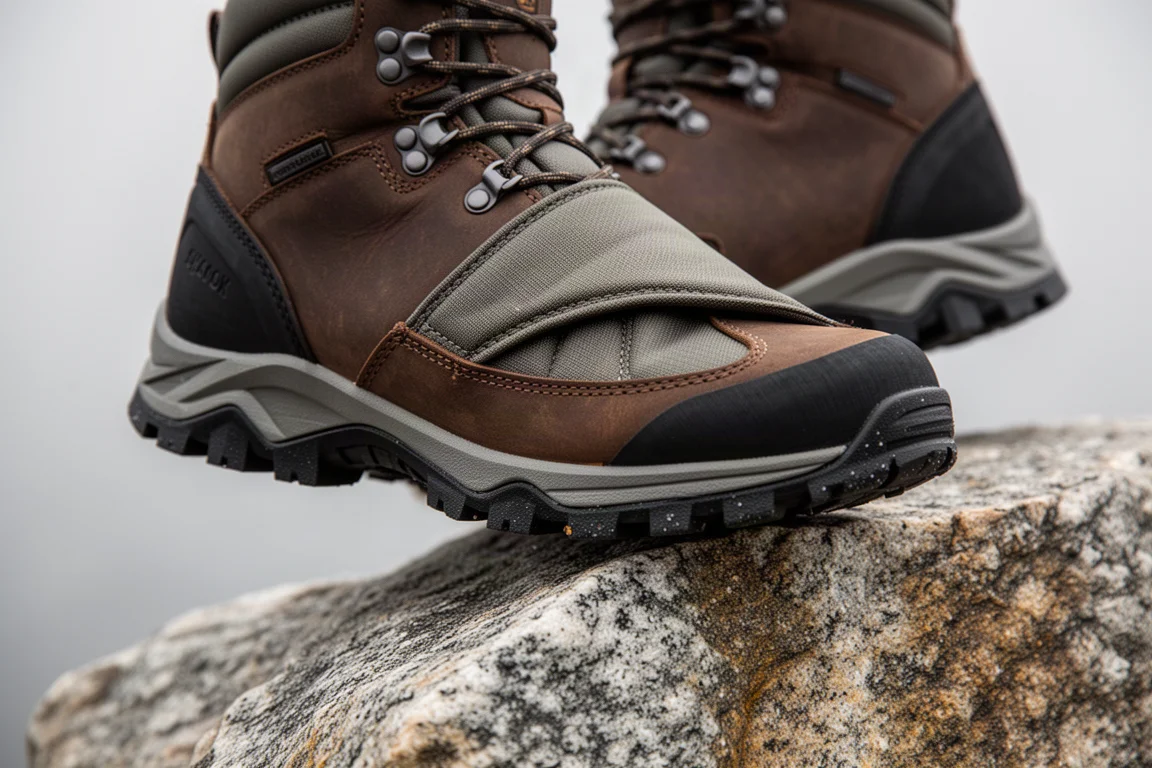Primo piano di uno scarponcino da trekking che si flette sull'avampiede su roccia di granito