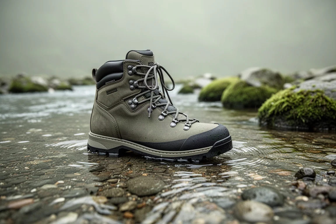 Scarponcino da trekking immerso nell'acqua bassa di un fiume su un letto di ghiaia