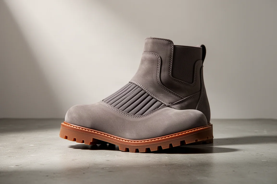 Mid-height hiking boot with a forefoot flex panel on a concrete surface