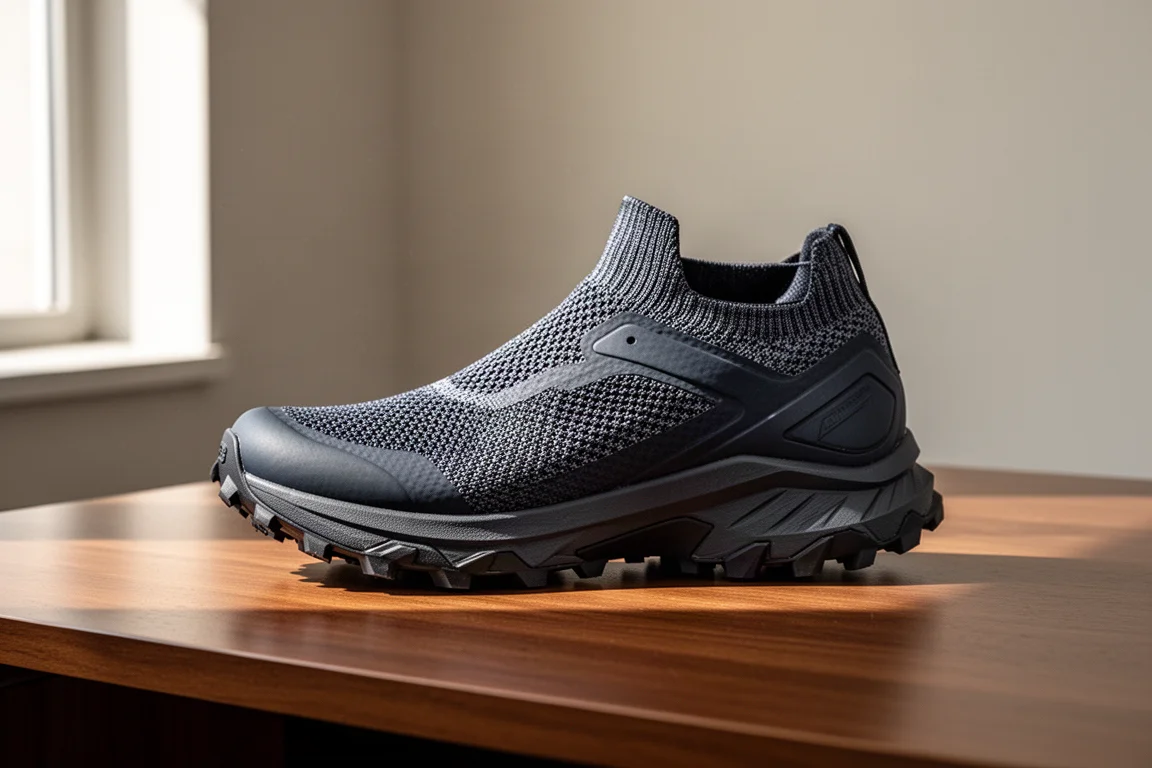 Keen Seek trail running shoe shown at a three-quarter angle on a wooden desk