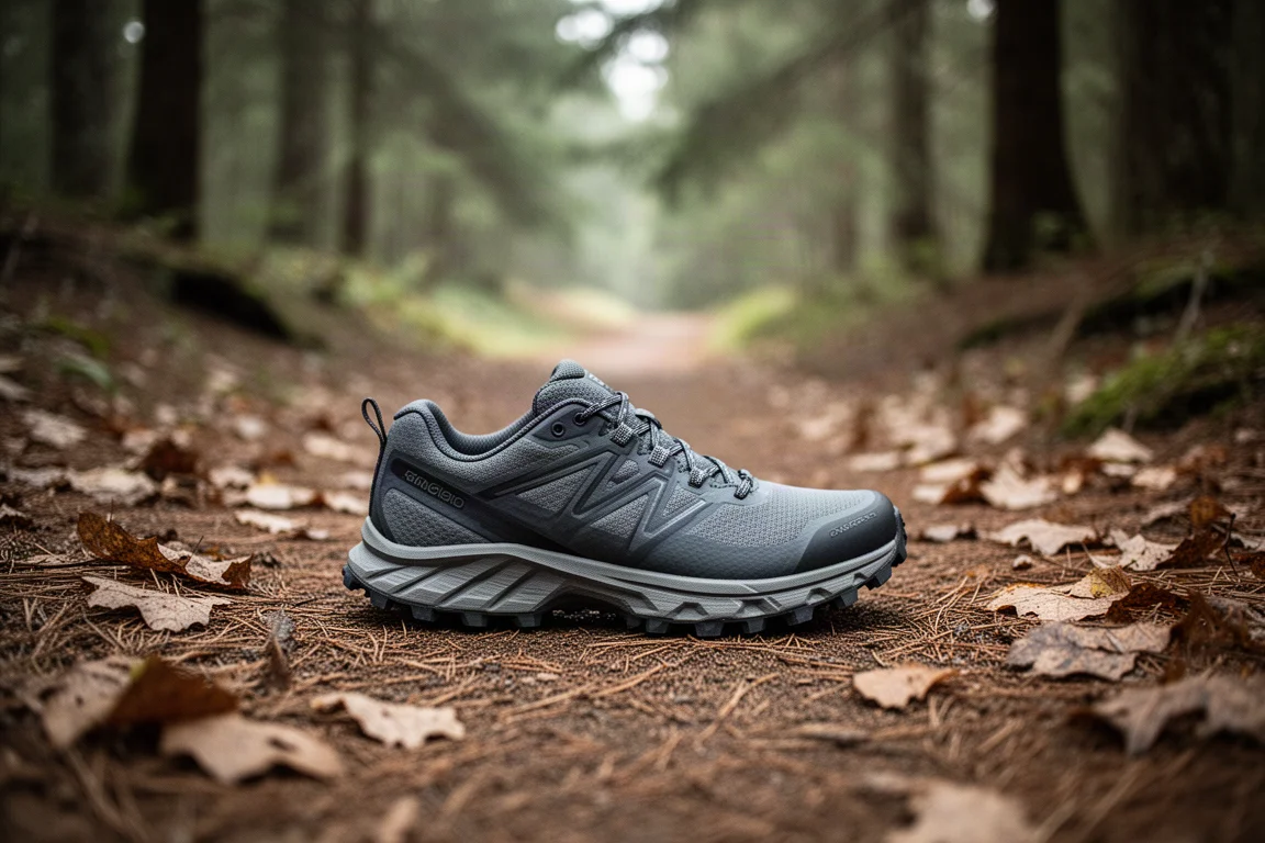 Chaussure de trail running posée sur un sentier forestier jonché de feuilles mortes