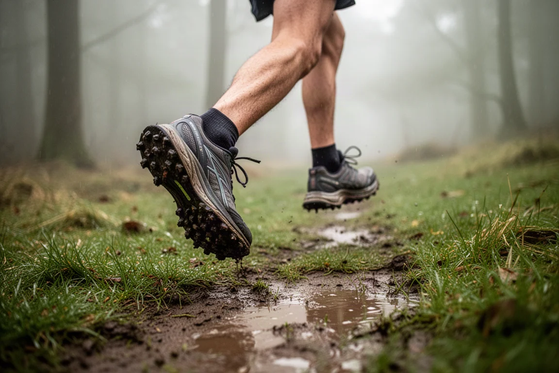 Chaussures d'un traileur traversant une section herbeuse et boueuse du sentier