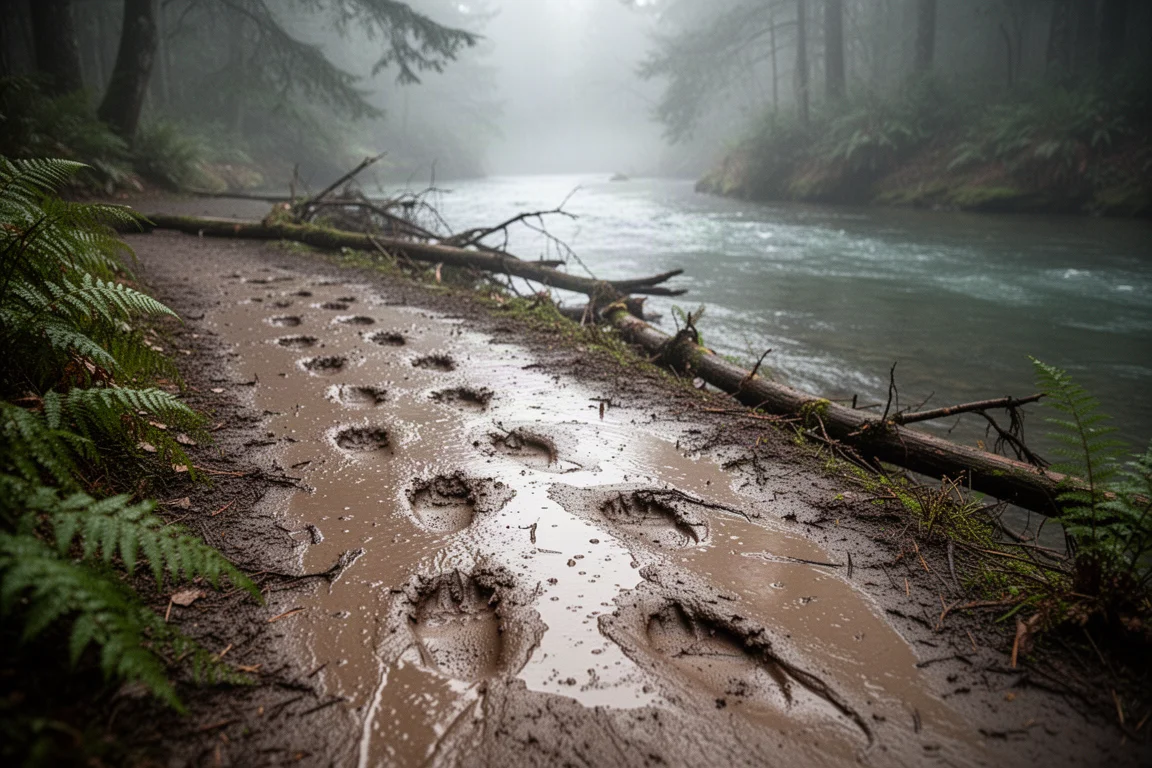 Sentier mouillé avec de l'argile boueuse au bord d'une rivière en forêt