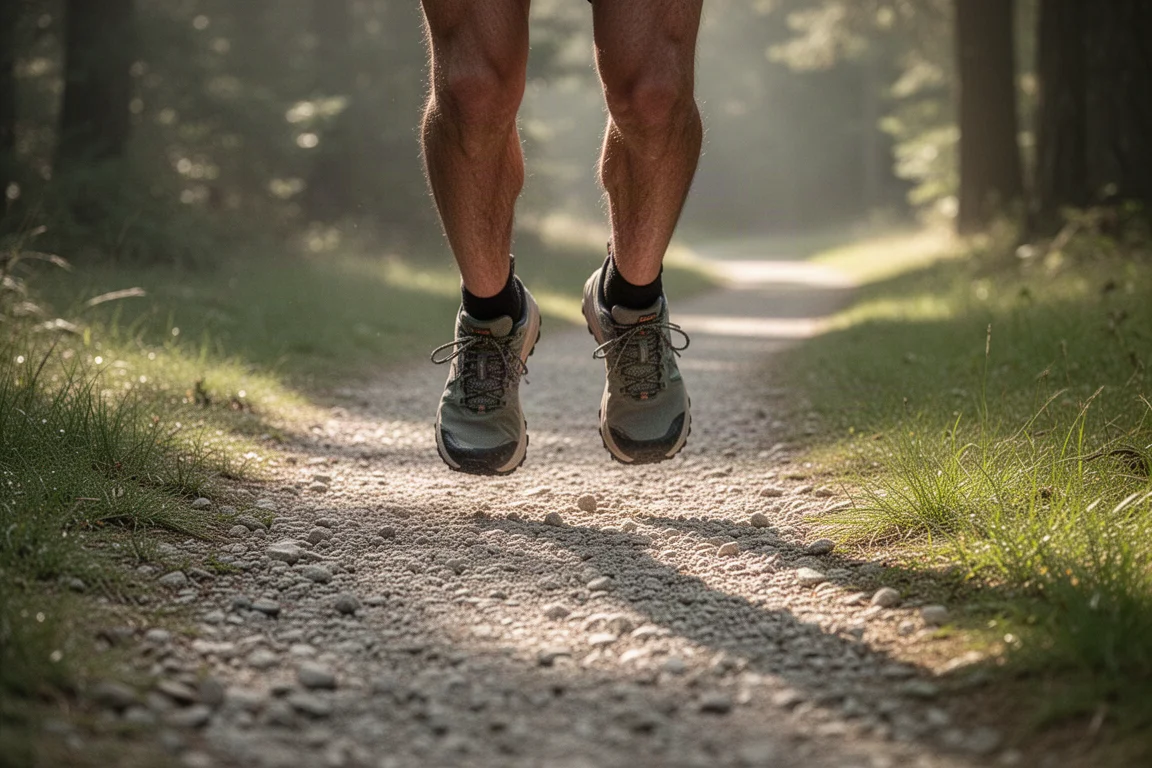 Corredor de trilha caminhando por um caminho leve de cascalho à luz natural suave