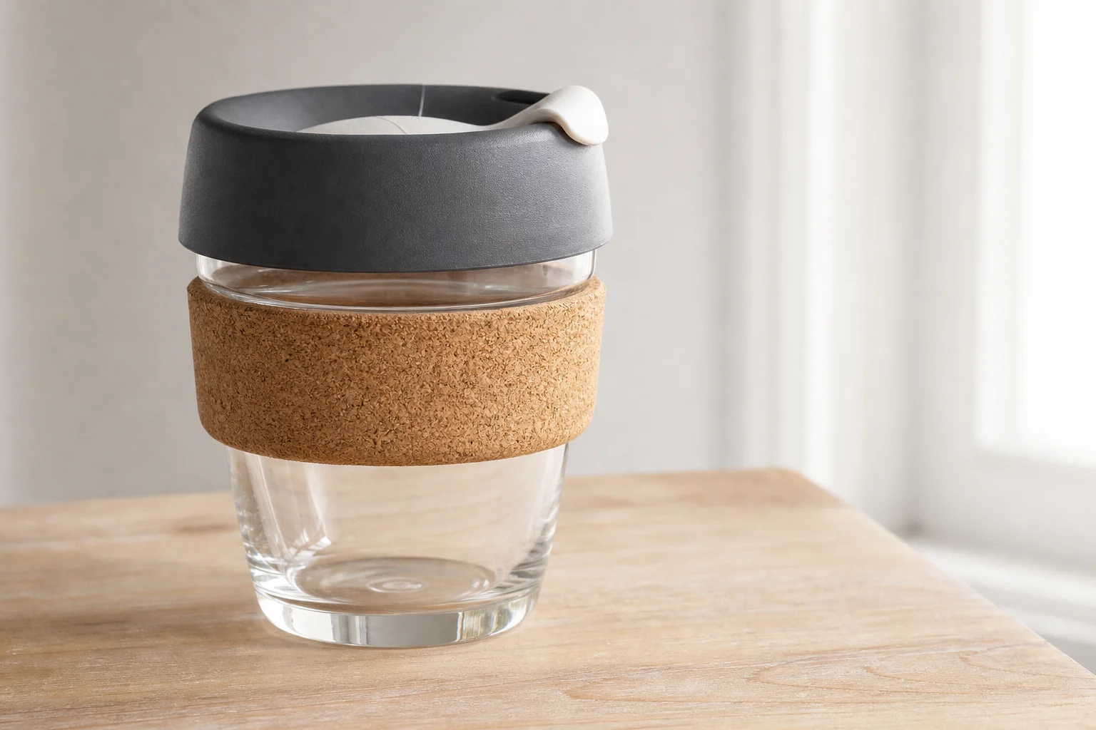 Acht wiederverwendbare Kaffeebecher auf einer Betonoberfläche, die eine Vielfalt an Materialien und Designs zeigen
