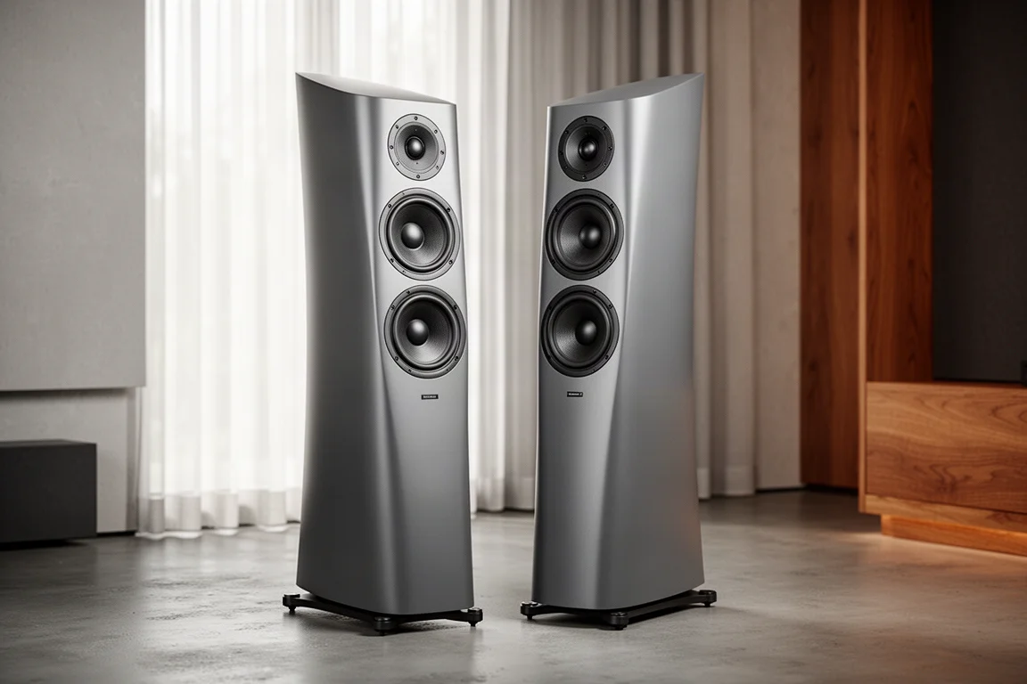 Pair of tall curved floorstanding loudspeakers in a modern listening room