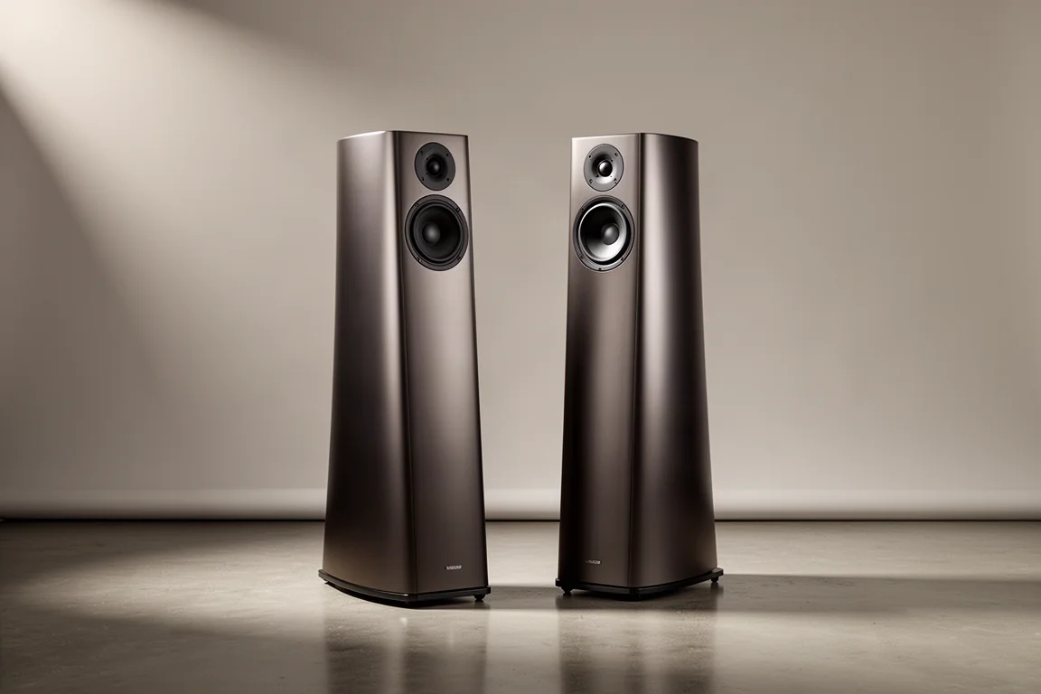 Two tall slim floorstanding speakers with curved cabinets on a neutral studio backdrop