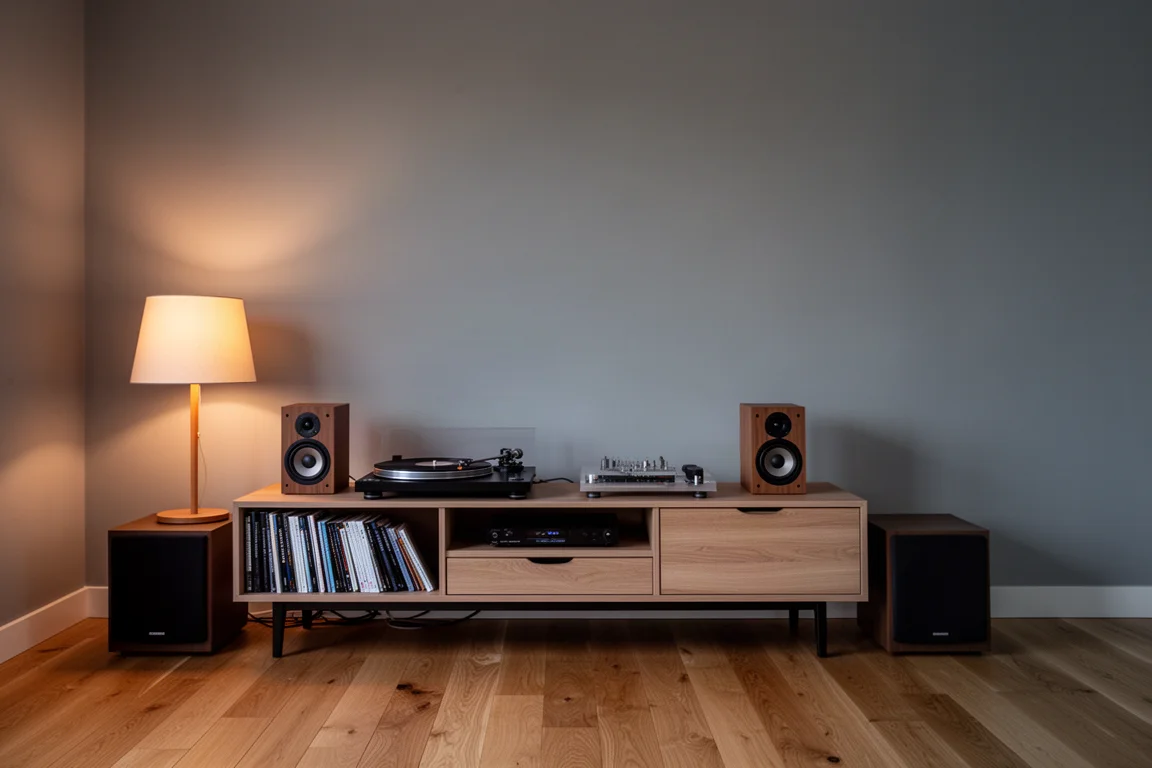Soggiorno con mobile multimediale, diffusori da scaffale e un subwoofer compatto nella luce calda della sera