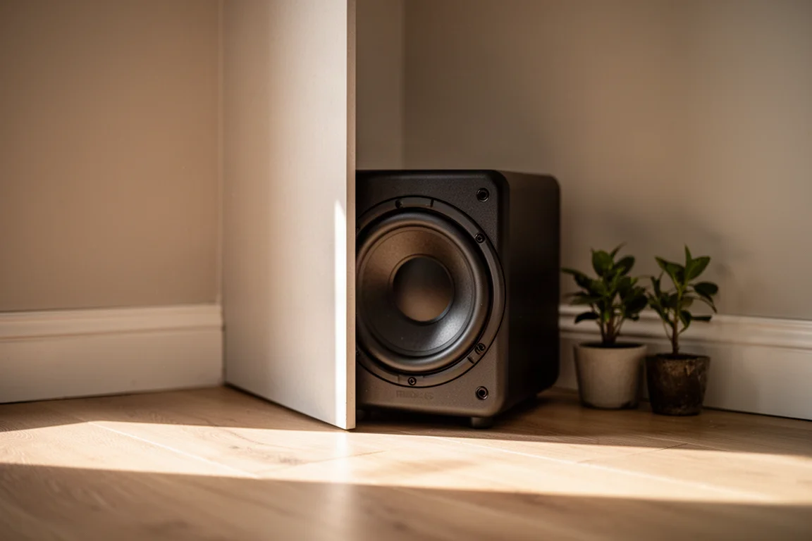 Subwoofer compatto collocato nell'angolo di una stanza con una pianta e la luce calda del pomeriggio