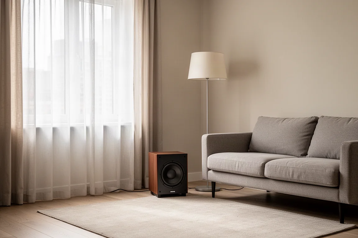 Angolo d'ascolto di un piccolo appartamento con un subwoofer compatto accanto a un divano basso e una lampada da terra