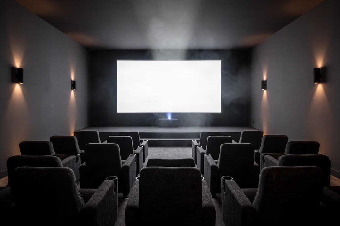 Sala home cinema in penombra al tramonto con file di sedute rivolte verso uno schermo luminoso